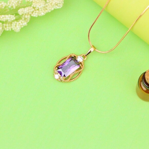 "Purple Rectangle Pendant with Gold Plated Frame and Crystal Accents, XPPT1683 - Picture 12 of 13